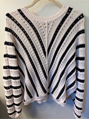 Free People Open-Knit Striped Crew Sweater - Black & White